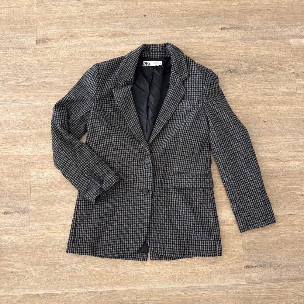 Zara Brown & Navy Houndstooth Blazer Jacket Small